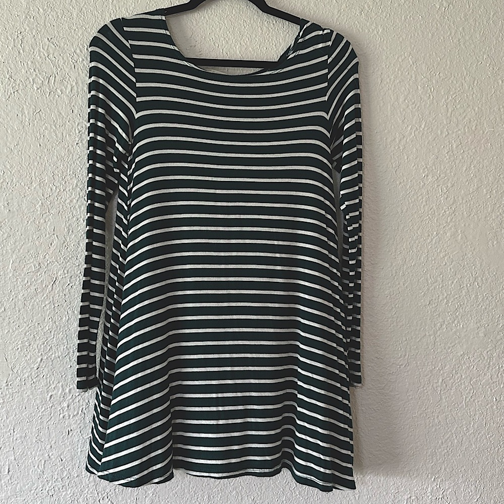 Green and White Striped Long Sleeve Shift Dress